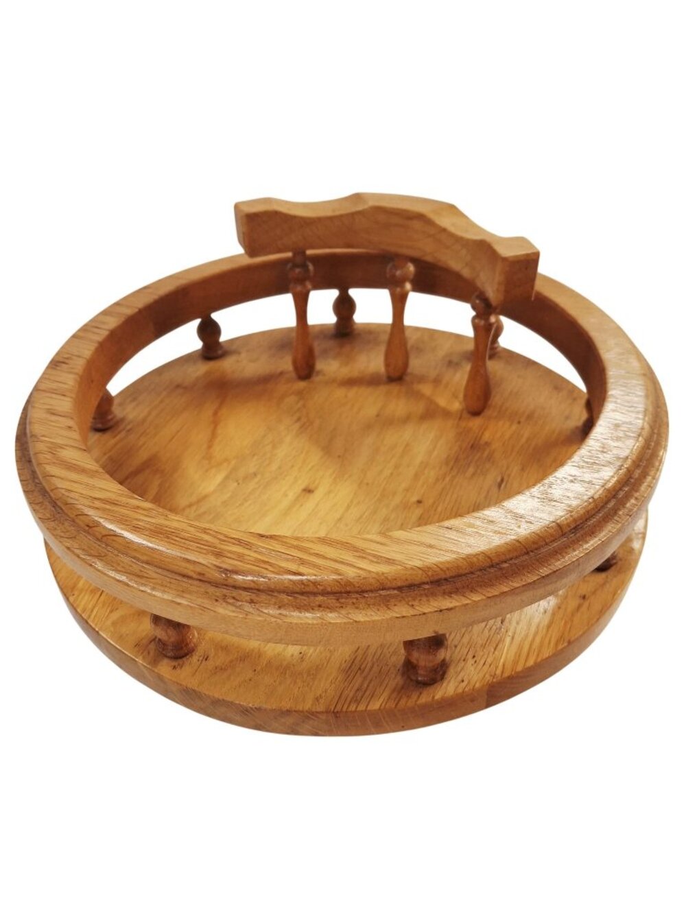Vintage Solid Oak Lazy Susan With Handle & Decorative Spindles For Tabletop Serv